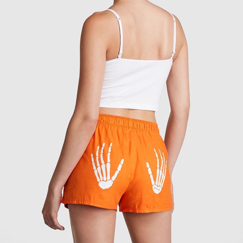 Victoria's Secret PINK Flannel Boxy Pajama Shorts Halloween Orange Skeleton NEW